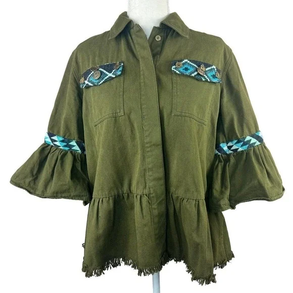 Beautiful Stories Anthropologie Inika Olive Green Utility Jacket S Embroidered - Picture 2 of 16